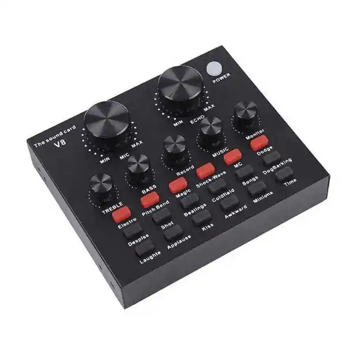 V8 Multifunctional Live Sound Card USB Audio Interface Intelligent Volume Adjustable Audio Mixer Sound Card for Recording Hosting Speech